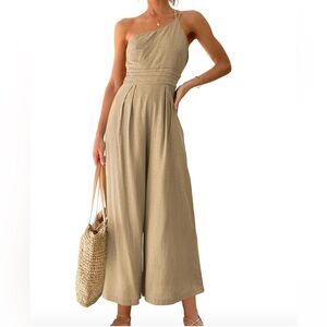 One-Shoulder Wide-Leg Jumpsuit in Khaki